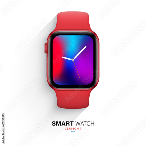 smart watch in an aluminum case with silicone band top view isolated on white background. flat lay red wrist clock with a sports strap. stock vector illustration