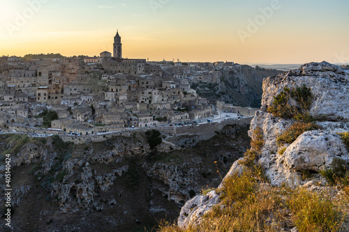 Scenic view of Matera Sassi district from the viewpoint of Belvedere Murgia Timone at sunset, Basilicata, Italy