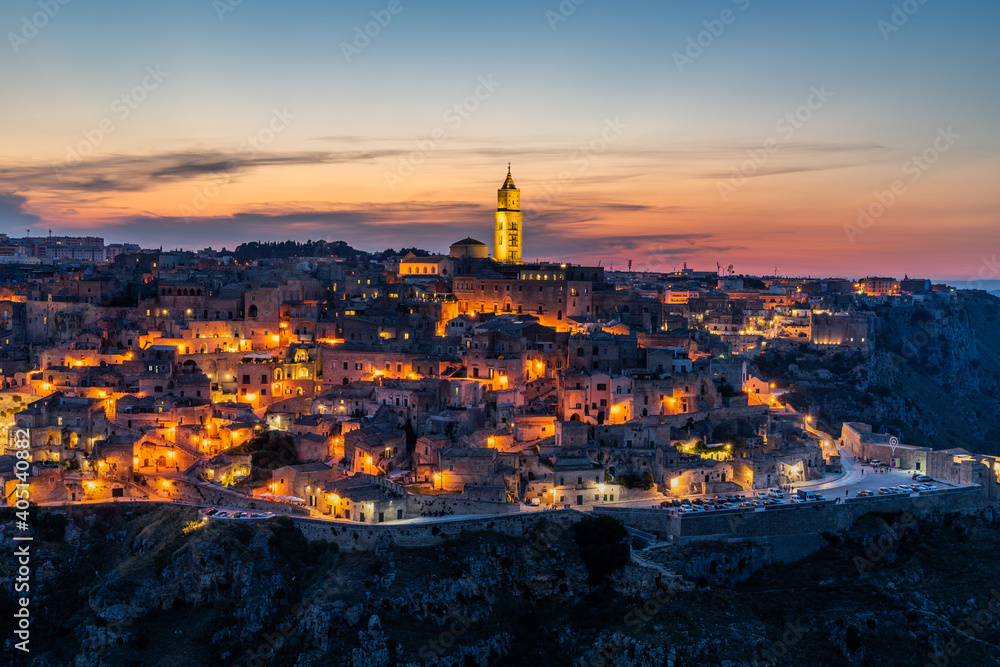 Scenic sunset over Sassi ancient district of Matera, Basilicata, southern Italy