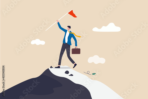 Leadership to reach business goal, career achievement or company best performance worker winner concept, ambitious businessman leader holding winner flag standing pride on top of mountain peak.