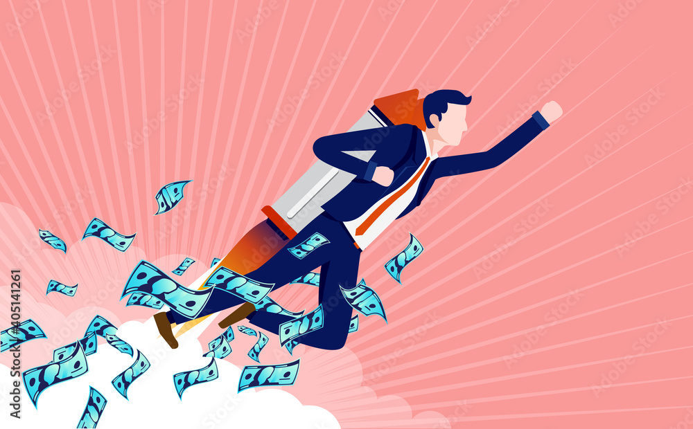 Business progress - Confident businessman with jetpack flying to the sky with money profits. Growth, success and winner concept. Vector illustration. Business progress - Confident businessman with jetpack flying to the sky with money profits. Growth, success and winner concept. Vector illustration.