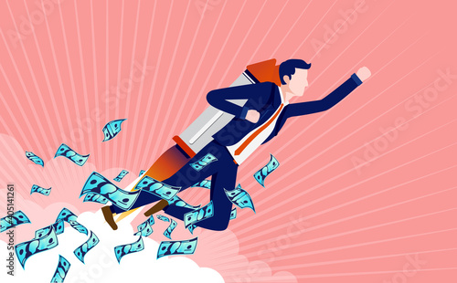 Business progress - Confident businessman with jetpack flying to the sky with money profits. Growth, success and winner concept. Vector illustration.