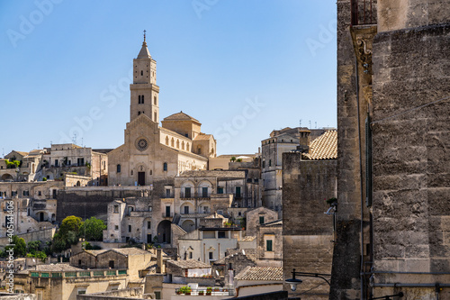 Sasso Caveoso district in Matera with Matera Cathedral on the top of the skyline, Basilicata, Italy