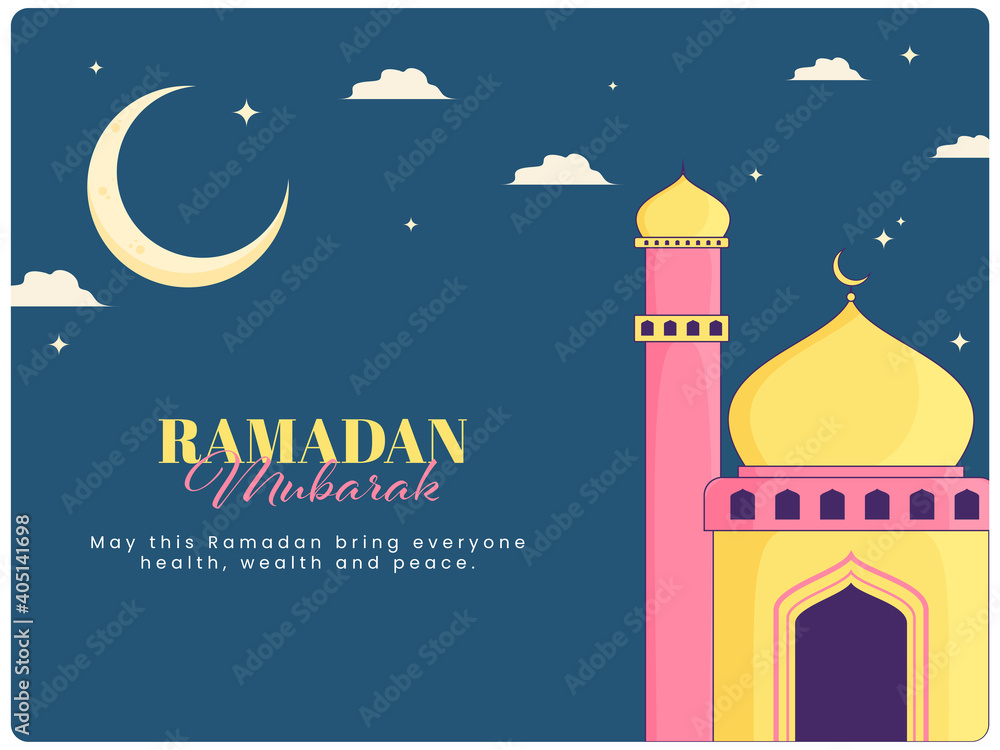 Ramadan Mubarak Greeting Card With Mosque Crescent Moon And clouds On Blue Background.