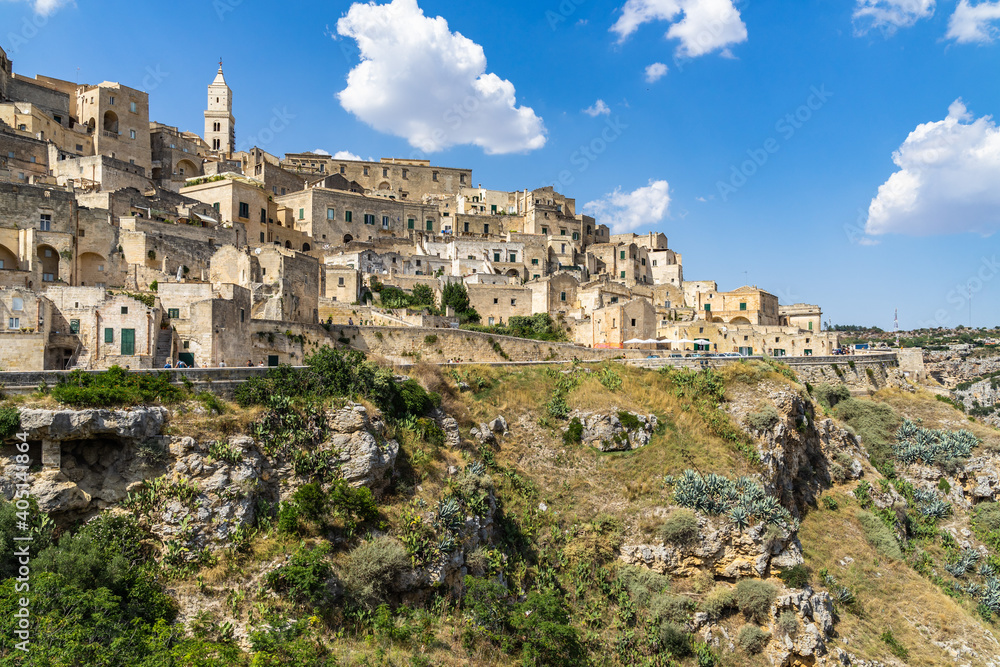Scenic cityscape of Matera Sasso Caveoso district in a beautiful sunny day, Basilicata, Italy
