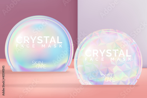 Vector Sheet Mask Holographic or Iridescent Foil Bag Packet with Geometric Pattern Print. Round Shape.