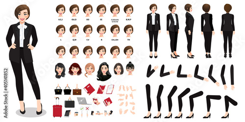 Businesswoman cartoon character in black suit creation set with various views, hairstyles, face emotions, lip sync and poses. Parts of body template for design work and animation