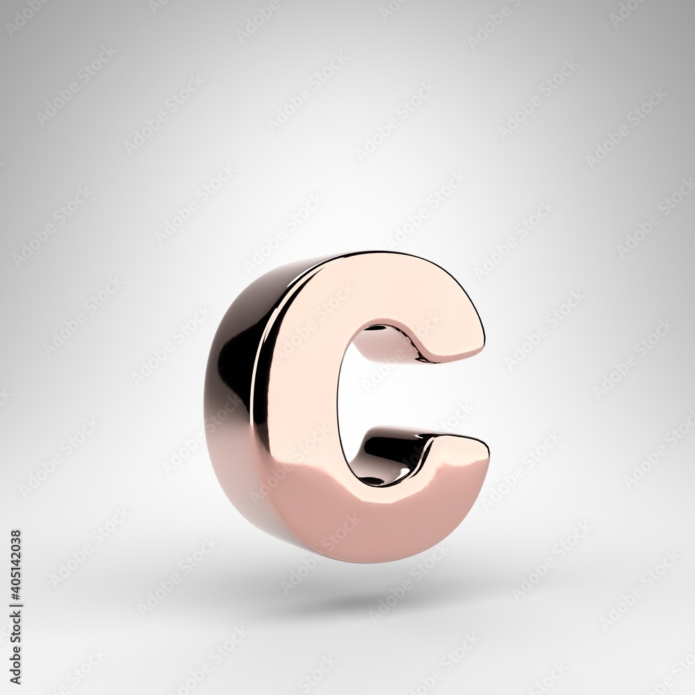 Letter C lowercase on white background. Rose gold 3D letter with gloss chrome surface. Letter C lowercase on white background. Rose gold 3D letter with gloss chrome surface.