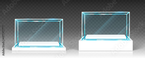 Glass showcases, display, exhibit stand, transparent boxes front view on white wood or plastic base. Crystal block, exhibition or award podium, isolated glossy object, Realistic 3d vector illustration