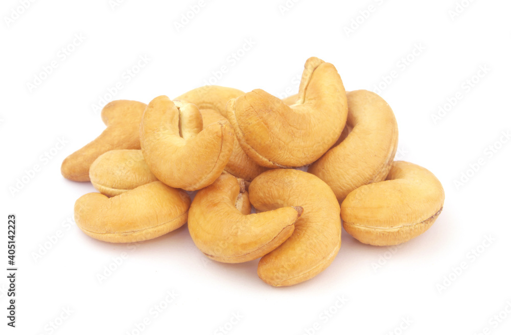 Roasted cashew nuts isolated on white background Roasted cashew nuts isolated on white background