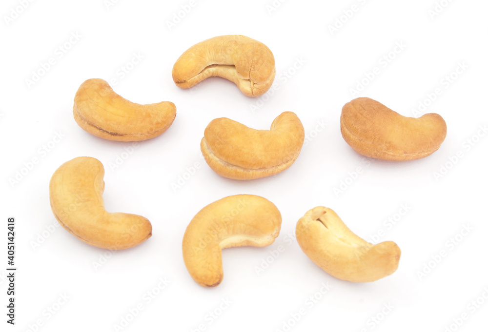 Roasted cashew nuts isolated on white background Roasted cashew nuts isolated on white background