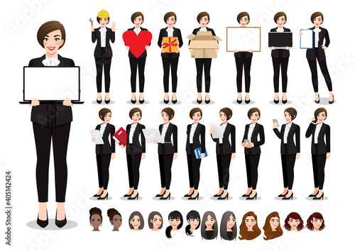 Businesswoman cartoon character pose set. Beautiful business woman in office style black suit. Vector illustration