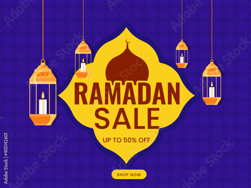 UP TO 50% Off For Ramadan Sale Poster Design In Violet Color With Hanging Lanterns.