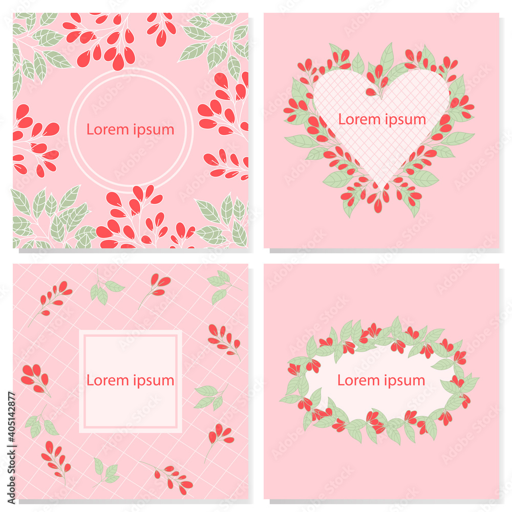 Set of 4 square vector backgrounds in pink with floral elements. Gentle design for social networks, postcards, posters, invitations, flyers   