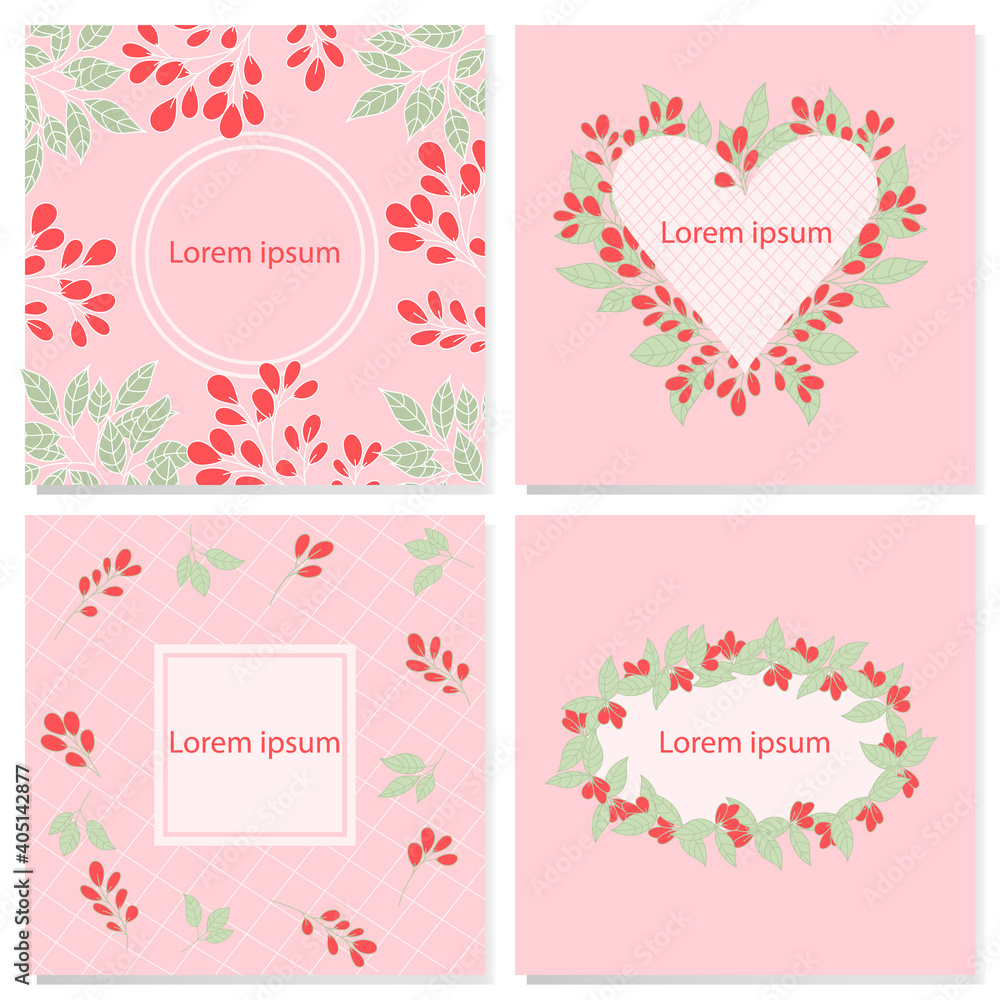 Set of 4 square vector backgrounds in pink with floral elements. Gentle design for social networks, postcards, posters, invitations, flyers Set of 4 square vector backgrounds in pink with floral elements. Gentle design for social networks, postcards, posters, invitations, flyers