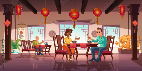 People dining in asian restaurant, men and women eating noodles and drink tea in traditional chinese cafe sit at served tables. Cafeteria interior with authentic decor, cartoon vector illustration