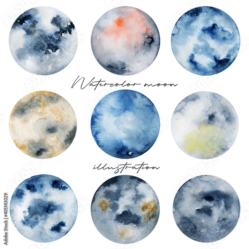 Watercolor artistic full moons collection, hand painted isolated illustration on white background