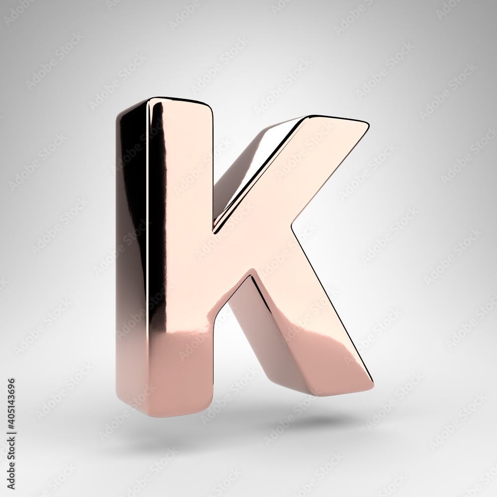 Letter K uppercase on white background. Rose gold 3D letter with gloss chrome surface. Letter K uppercase on white background. Rose gold 3D letter with gloss chrome surface.