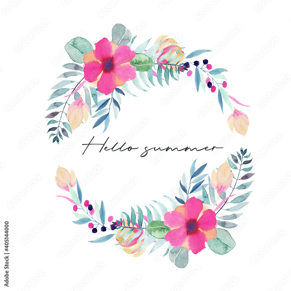 Wreath of watercolor plants, pink flowers and wildflowers;  hand painted isolated illustrations on a white background