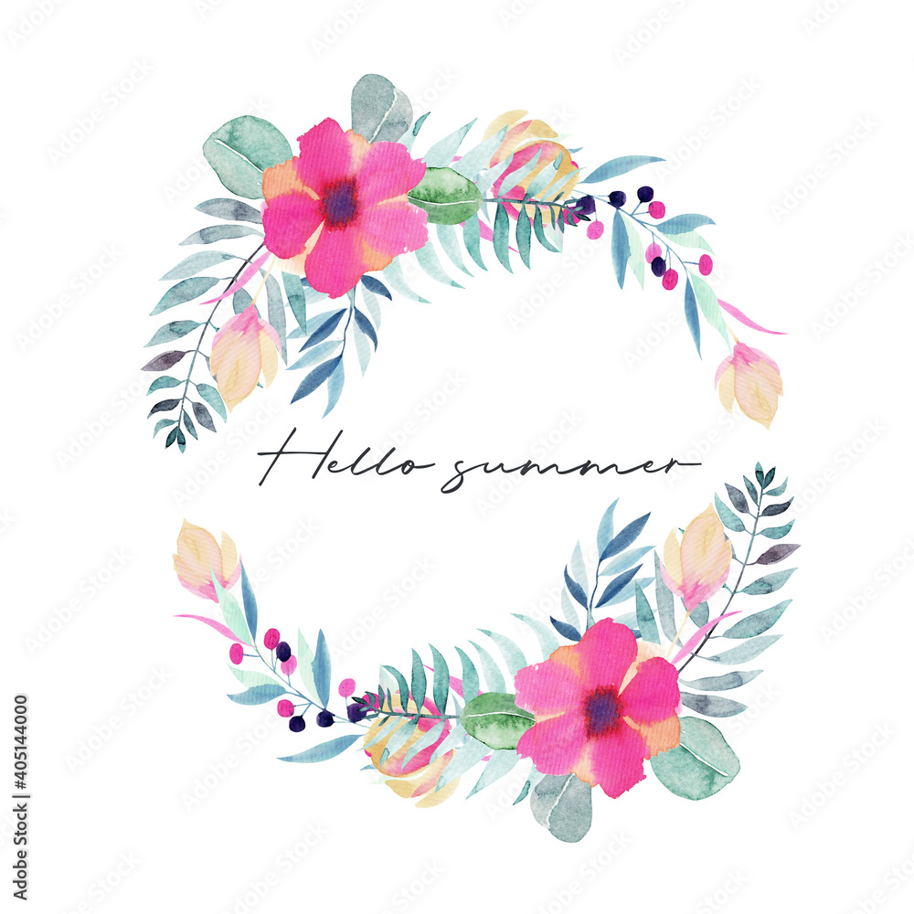 Wreath of watercolor plants, pink flowers and wildflowers; hand painted isolated illustrations on a white background Wreath of watercolor plants, pink flowers and wildflowers; hand painted isolated illustrations on a white background