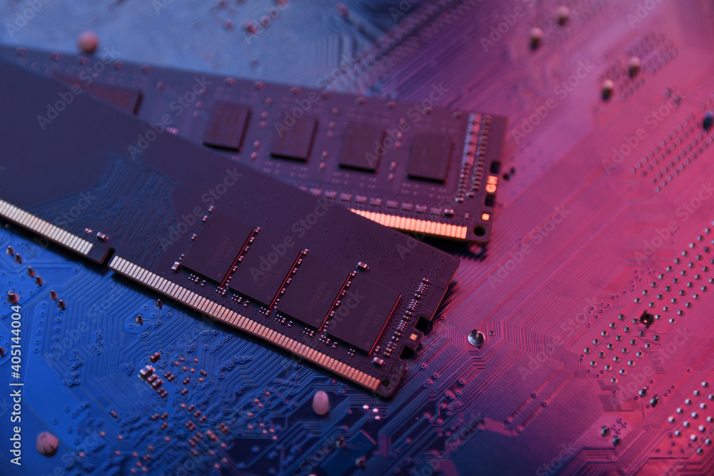 Computer memory RAM on motherboard background . Close up. system, main memory, random access