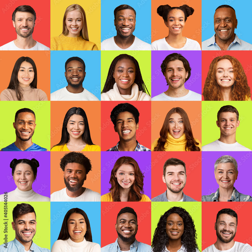 Square Collage With Mixed People Faces Over Different Colorful Backgrounds Square Collage With Mixed People Faces Over Different Colorful Backgrounds