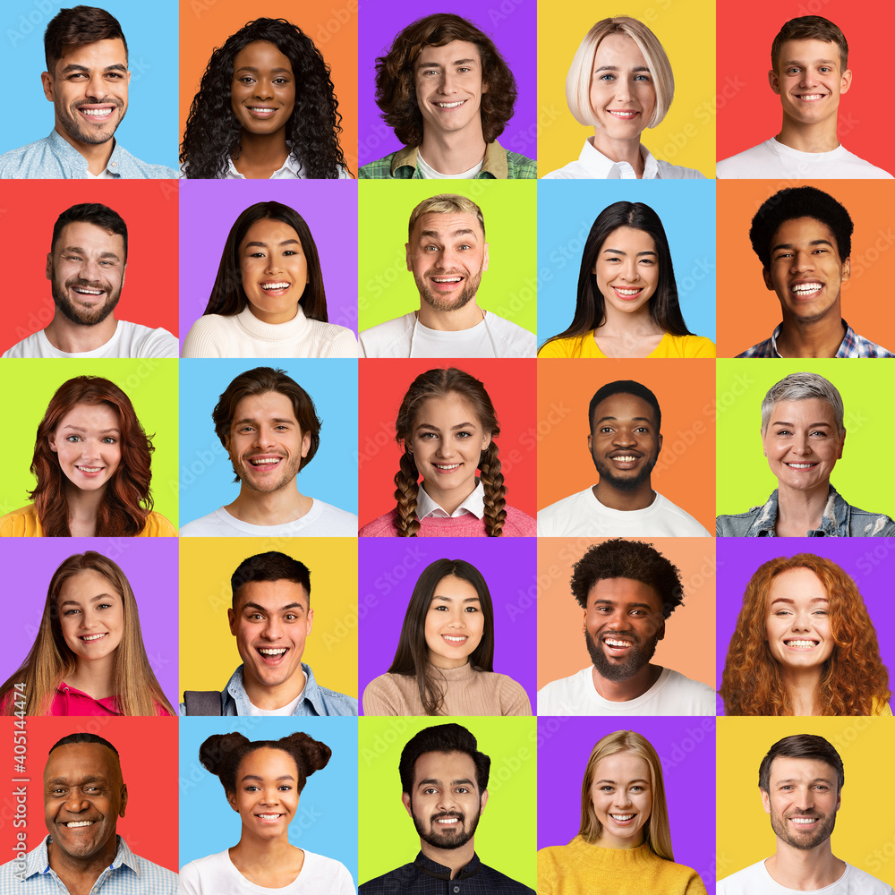 Square Collage Of Happy Multicultural People Faces On Colorful Backgrounds Square Collage Of Happy Multicultural People Faces On Colorful Backgrounds