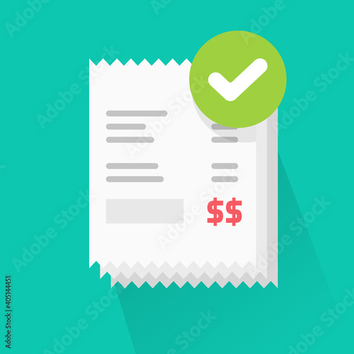 Success verified paid bills receipts with approved check mark notice on invoice vector flat cartoon icon, valid completed checkmark notification on successful paid online orders pile icon