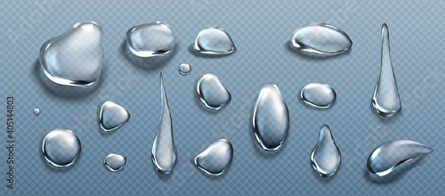 Water drops, clear dews of different shapes, dripping and lying hydration liquid pure droplets, scatter aqua bubbles, glass balls, spheres isolated on transparent background, Realistic 3d vector set