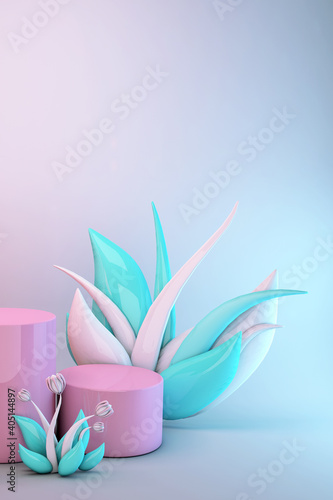 3d Pink abstract geometric pedestal. Bright pastel podium minimal design with green and white flowers. Podium background studio for cosmetic products.