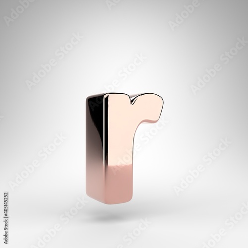 Letter R lowercase on white background. Rose gold 3D letter with gloss chrome surface.