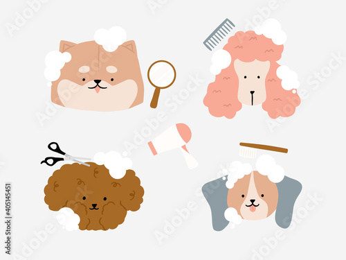 Cute dog with bubble at Groomer Salon Dog friendly area. Pet Hair Salon, Styling and Grooming Shop. Pet Store for Dogs with elements Cut Wool, Comb Brush, Drying, Hand mirror and comb illustration.