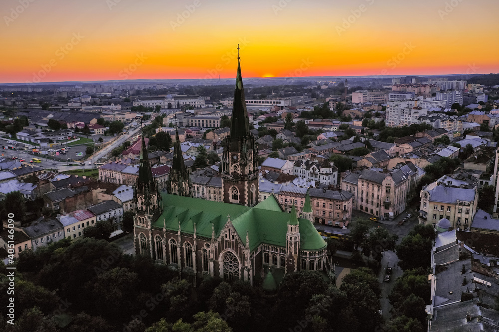 Obraz premium Aerial veiw on Elizabeth church in Lviv, Ukraine from drone. 