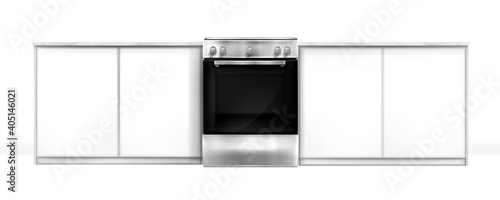 Oven in kitchen desk, electric built-in appliance, closed silver stove and cupboards front view. Household technics, home tech equipment isolated on white background, realistic 3d vector mockup