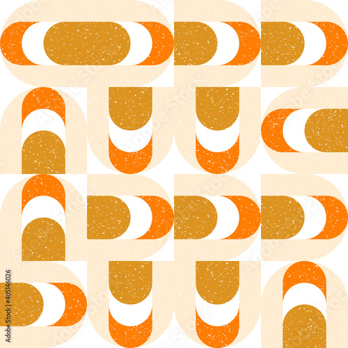 Modern vector abstract seamless geometric pattern with semicircles and circles in retro scandinavian style. Pastel colored simple shapes with separate worn out texture.