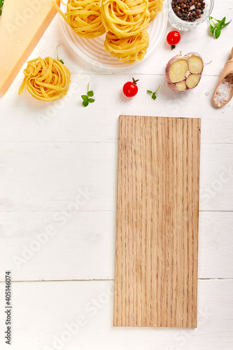 Flat lay overhead recipe page with mockup, text space with italian food