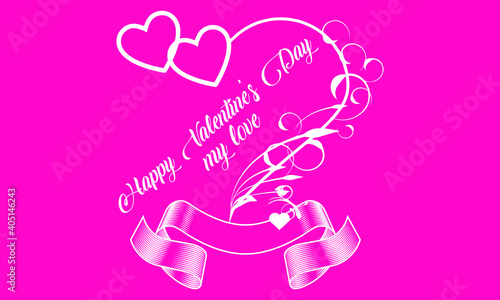 Happy Valentines Day Lettering Card. Typographic Background With Ornaments, Hearts, Ribbon and Arrow.