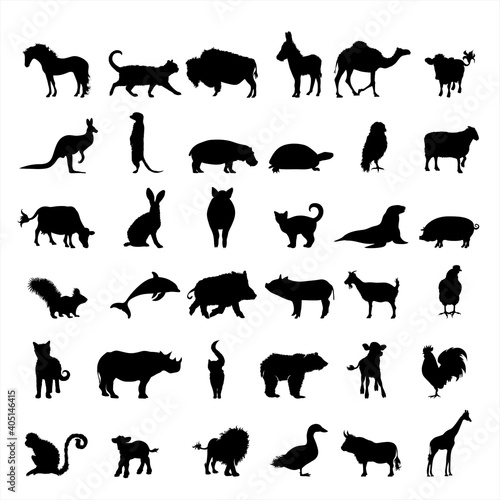 Fototapeta Naklejka Na Ścianę i Meble -  Collection of vector silhouette of farm and wild animal. Symbol of nature and creatures.