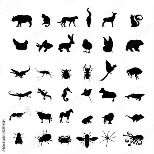 Collection of vector silhouette of farm and wild animal. Symbol of nature and creatures.