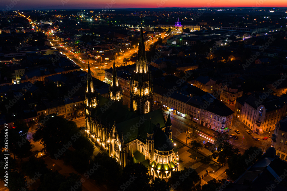 Fototapeta premium Aerial veiw on Elizabeth church in Lviv, Ukraine from drone at night