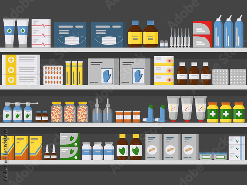 Pharmacy Shelves Background Storage and Sale of Drugs, Tablets Pills Bottles. Flat vector Design. Illustration on Seamless Gray Background.