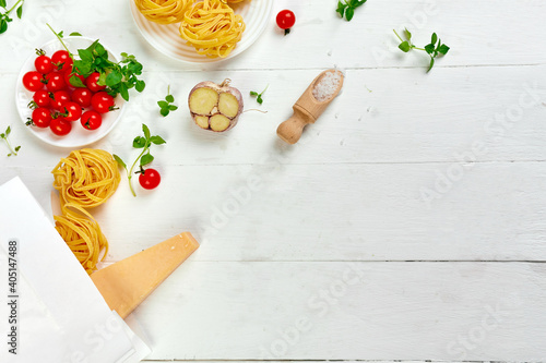 Fototapeta Naklejka Na Ścianę i Meble -  Healthy food in paper bag, Ingredients for cooking Italian pasta