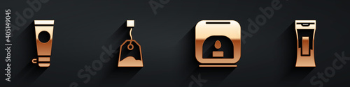 Set Cream or lotion cosmetic tube, Tea bag, Aroma lamp and Bottle of shampoo icon with long shadow. Vector.