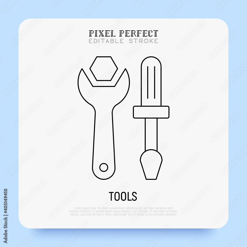 Fototapeta premium Tools: screwdriver and wrench. Repair, fix, support service. Super thin line icon. Pixel perfecr, editable stroke. Vector illustration.