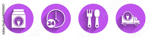 Set Online ordering and delivery, Clock 24 hours, Fork and spoon and Fast delivery by car icon with long shadow. Vector.