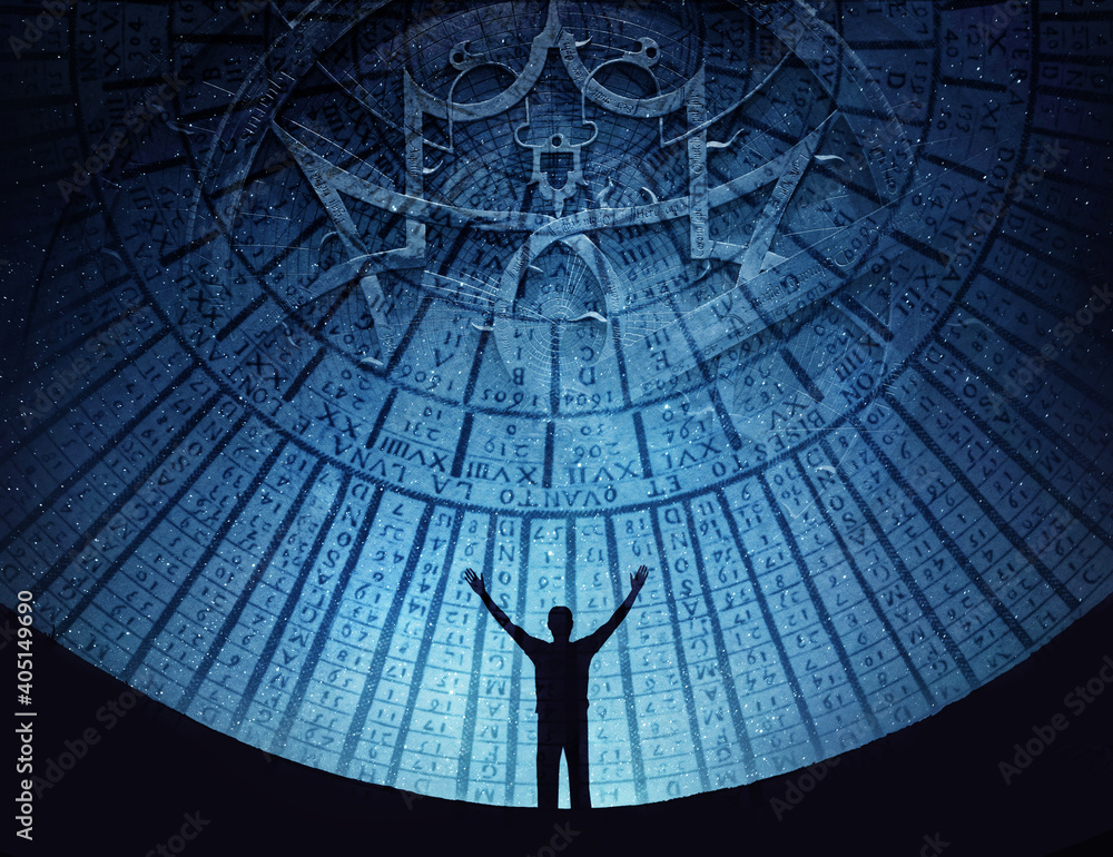 Man against background of  starry sky and background of ancient astronomical instruments. The concept on the topic of history, astronomy, astrology.  Elements of this image furnished by NASA. - obrazy, fototapety, plakaty 