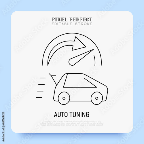 Car service: auto tuning, restyling, upgrade. Fast car with speedometer. Super thin line icon. Pixel perfect, editable stroke. Vector illustration.