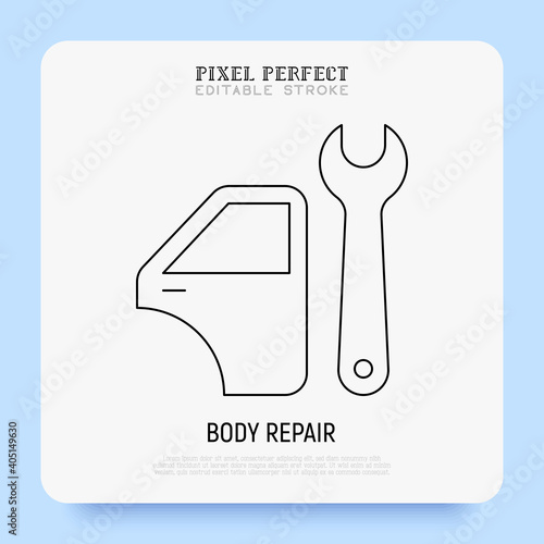 Car service: auto body repair super thin line icon. Car door and wrench. Pixel perfect, editable stroke. Vector illustration.