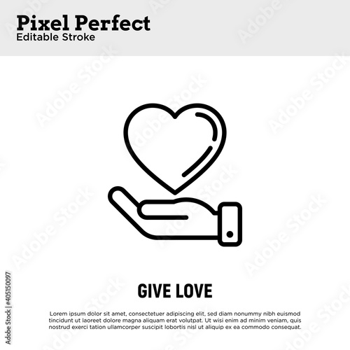 Hand holding heart thin line icon. Symbol of love, care and support each other. Pixel perfect, editable stroke. Vector illustration.