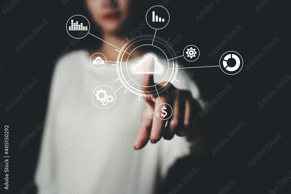 Concept of business women, hands on technology, digital data storage Cloud technology and data exchange around the world. Concept of business women, hands on technology, digital data storage Cloud technology and data exchange around the world.